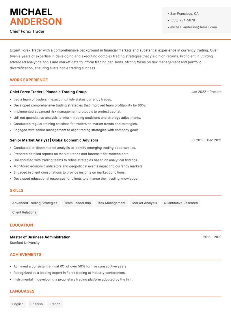 Forex Trader resume sample — Chief Forex Trader focus