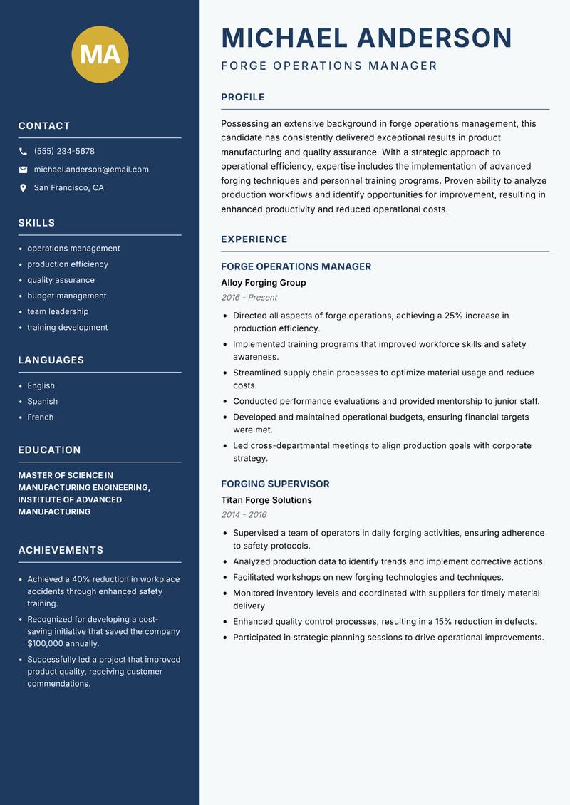 Forge Worker resume sample — Forge Operations Manager focus