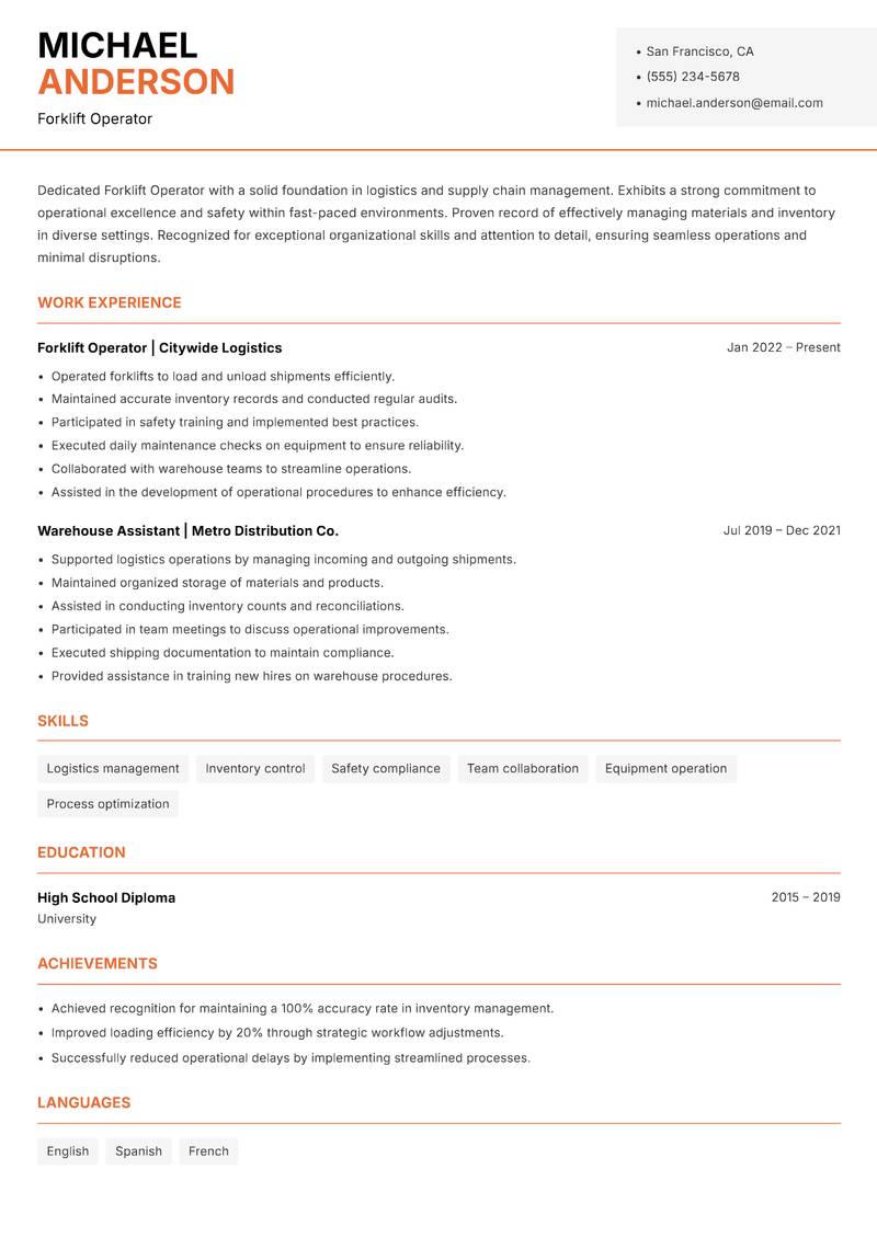 Forklift Operator resume sample — Forklift Operator focus