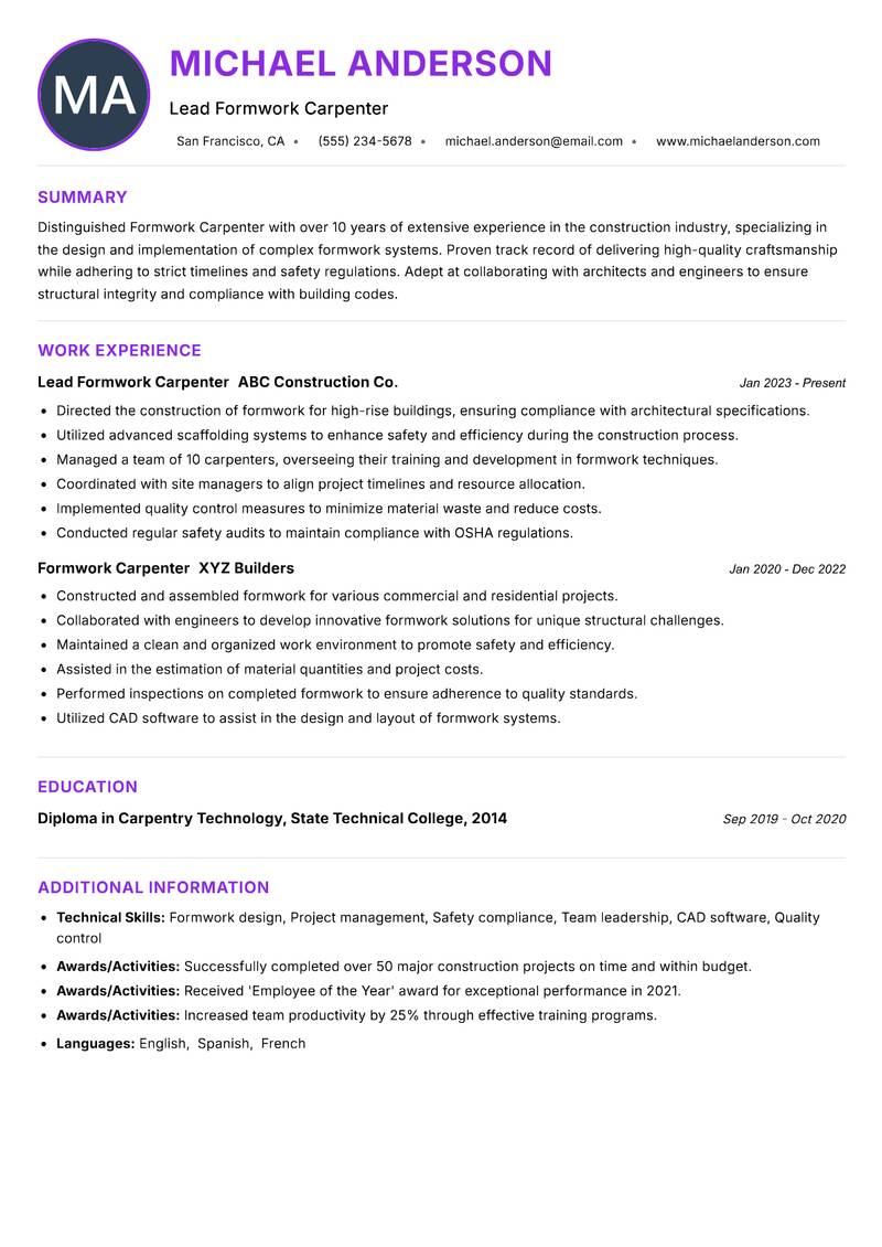 Formwork Carpenter resume example