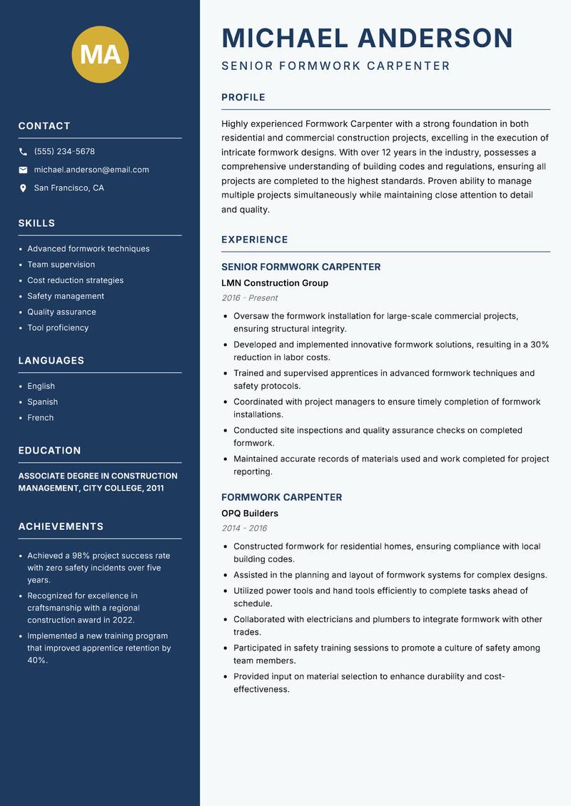 Formwork Carpenter resume sample — Senior Formwork Carpenter focus