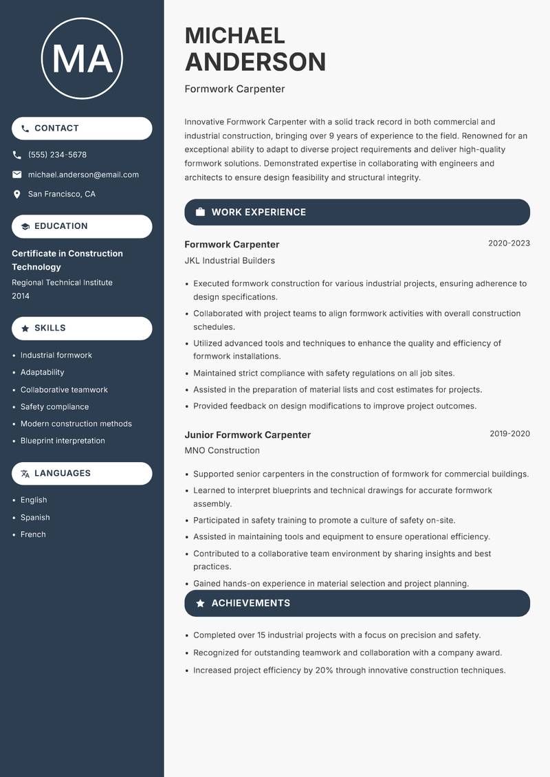 Formwork Carpenter resume sample — Formwork Carpenter focus