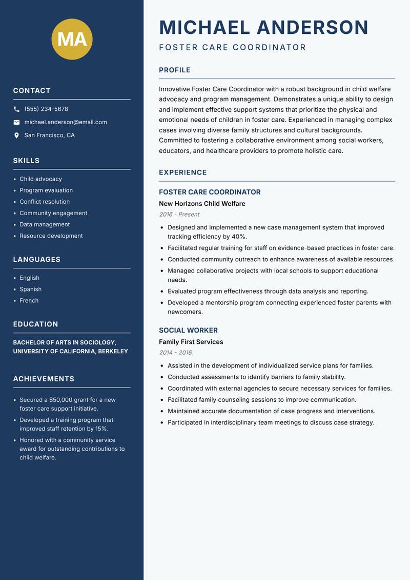 Foster Care Coordinator resume sample — Foster Care Coordinator focus