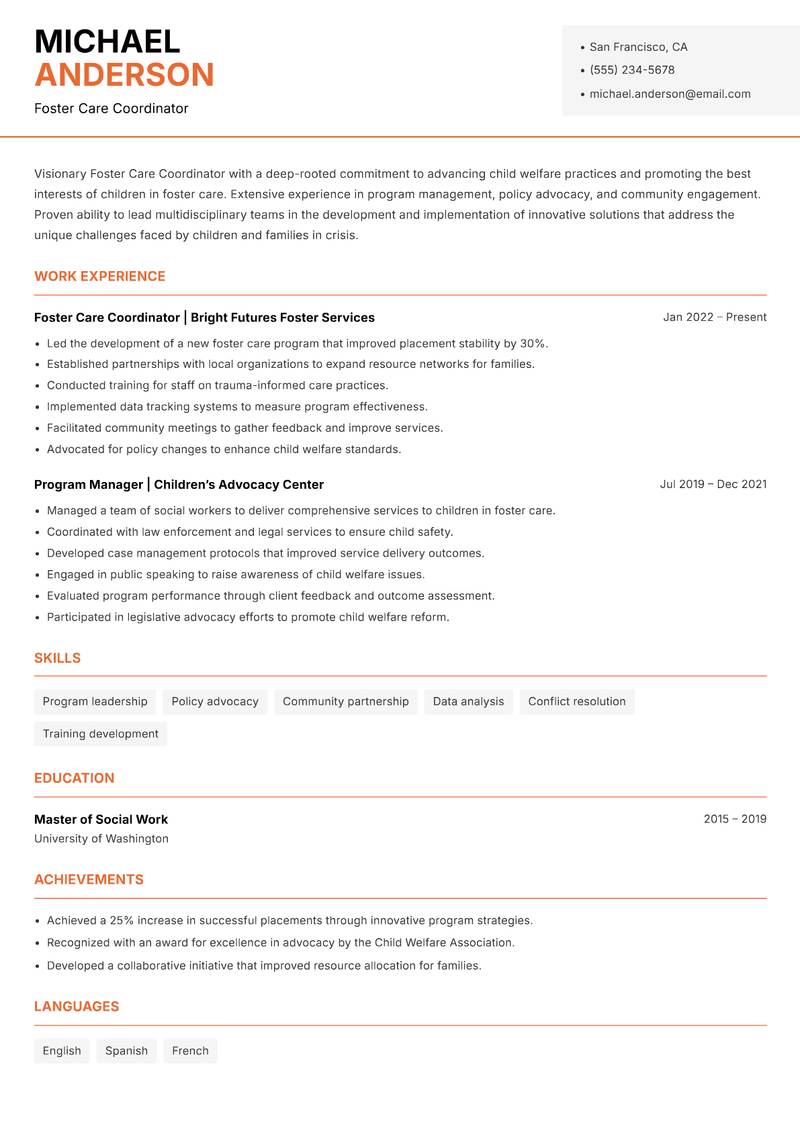 Foster Care Coordinator resume sample — Foster Care Coordinator focus