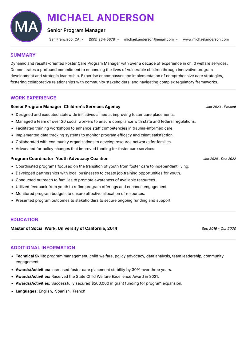 Foster Care Program Manager resume example