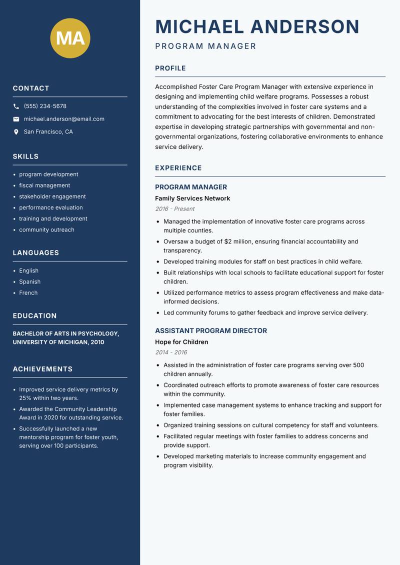 Foster Care Program Manager resume sample — Program Manager focus