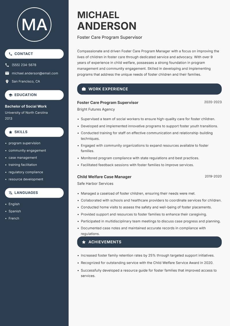 Foster Care Program Manager resume sample — Foster Care Program Supervisor focus