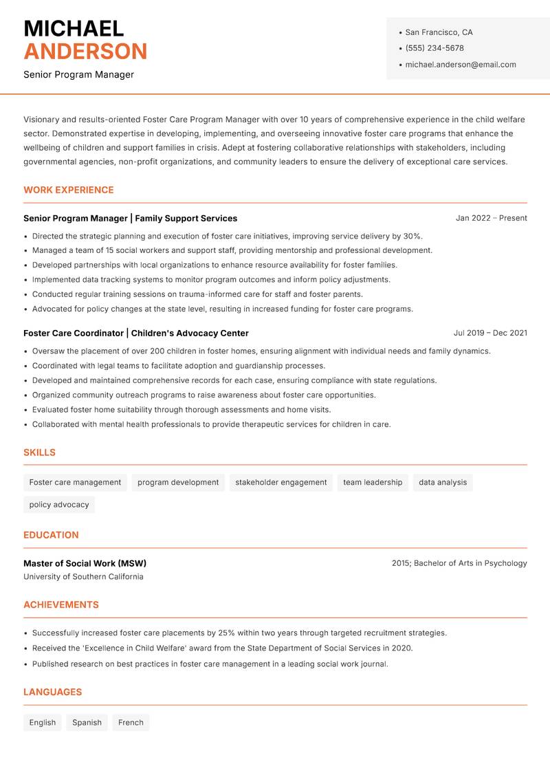 Foster Care Program Manager resume sample — Senior Program Manager focus