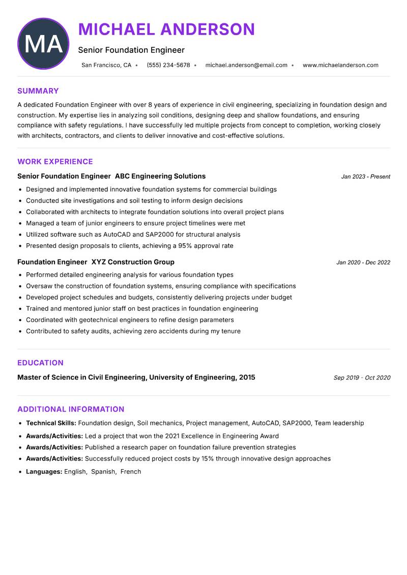 Foundation Engineer resume example
