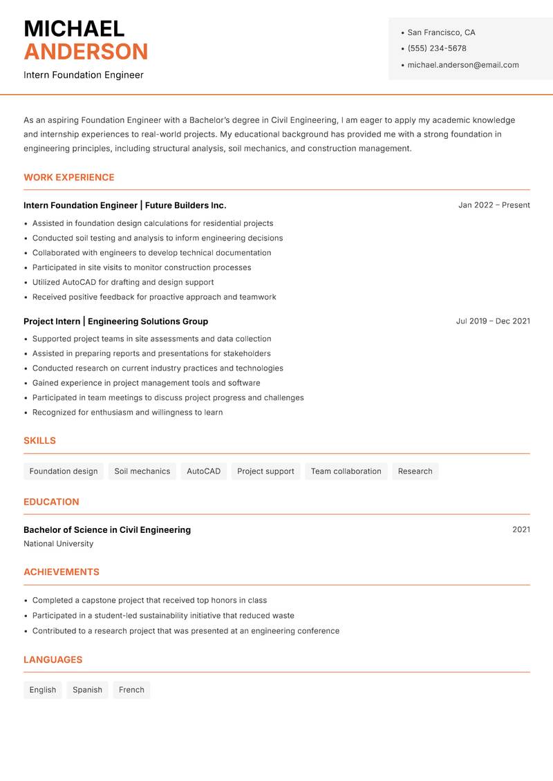 Foundation Engineer resume sample — Intern Foundation Engineer focus