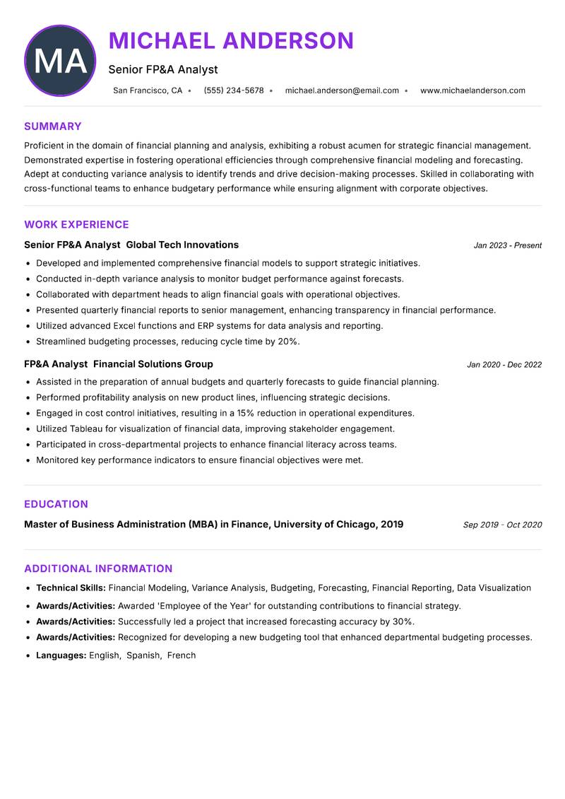 FP&A Analyst resume example