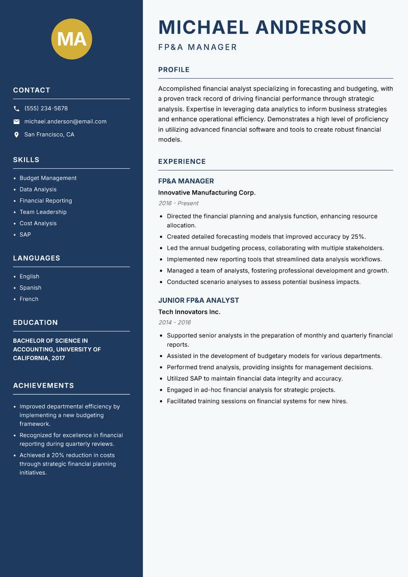 FP&A Analyst resume sample — FP&A Manager focus
