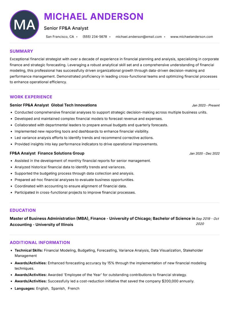 FP&A Manager resume example