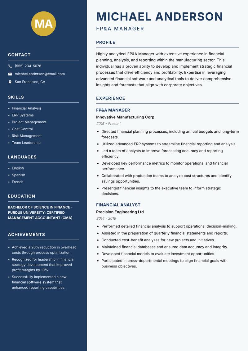 FP&A Manager resume sample — FP&A Manager focus