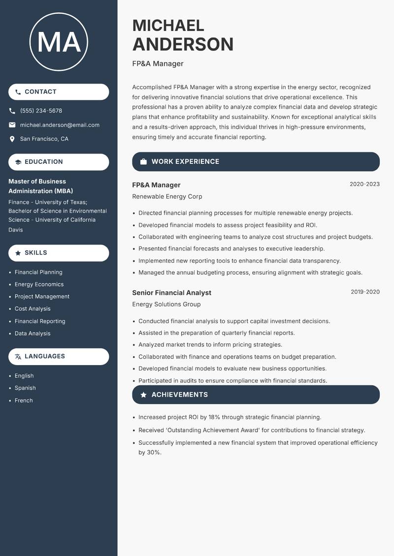 FP&A Manager resume sample — FP&A Manager focus