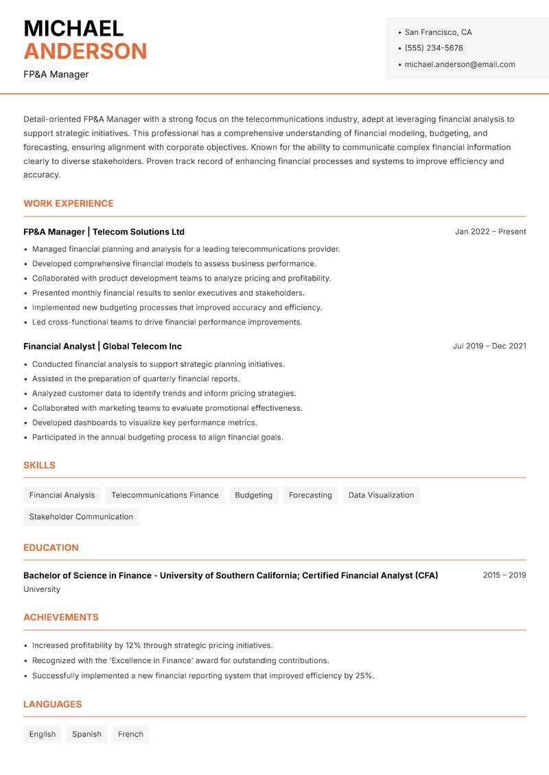 FP&A Manager resume sample — FP&A Manager focus