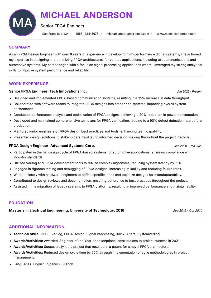 FPGA Design Engineer resume example