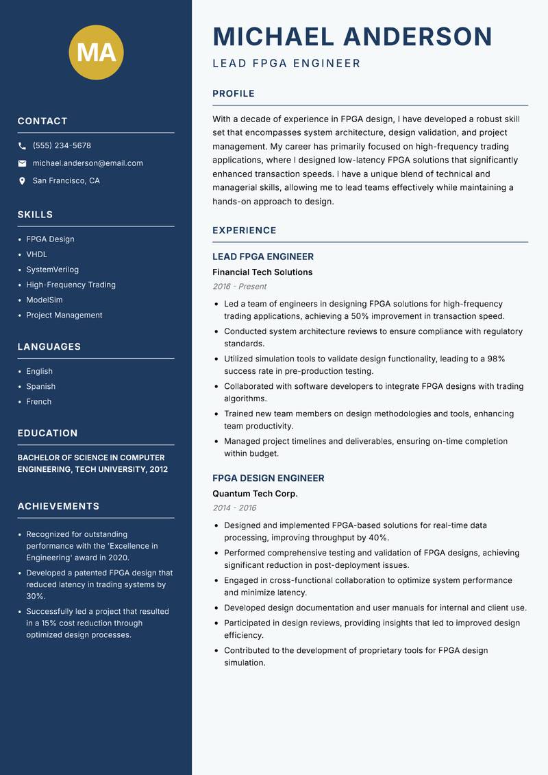 FPGA Design Engineer resume sample — Lead FPGA Engineer focus