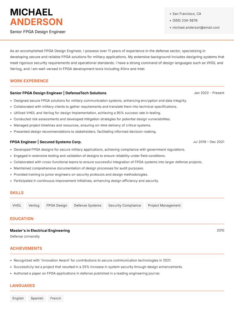 FPGA Design Engineer resume sample — Senior FPGA Design Engineer focus