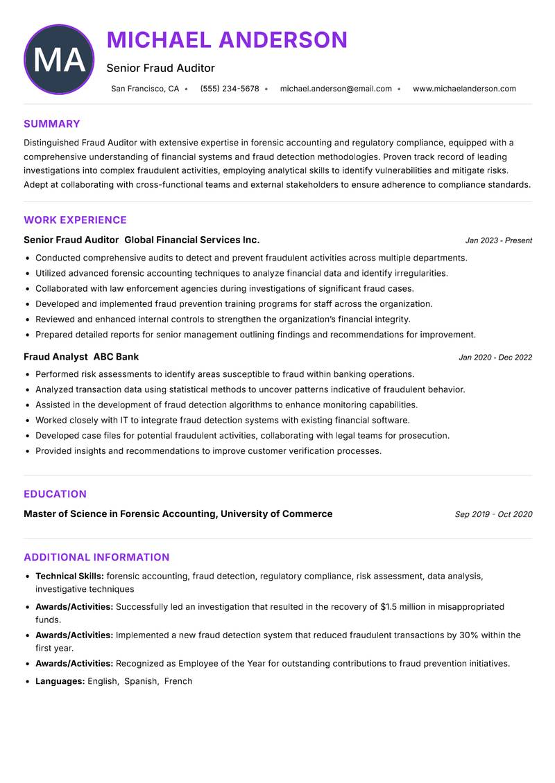 Fraud Auditor resume example