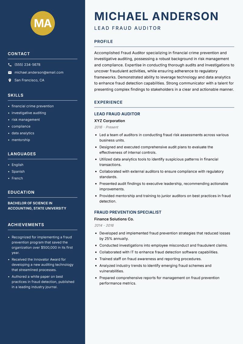 Fraud Auditor resume sample — Lead Fraud Auditor focus