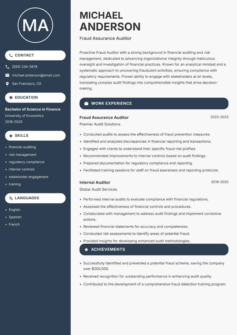 Fraud Auditor resume sample — Fraud Assurance Auditor focus