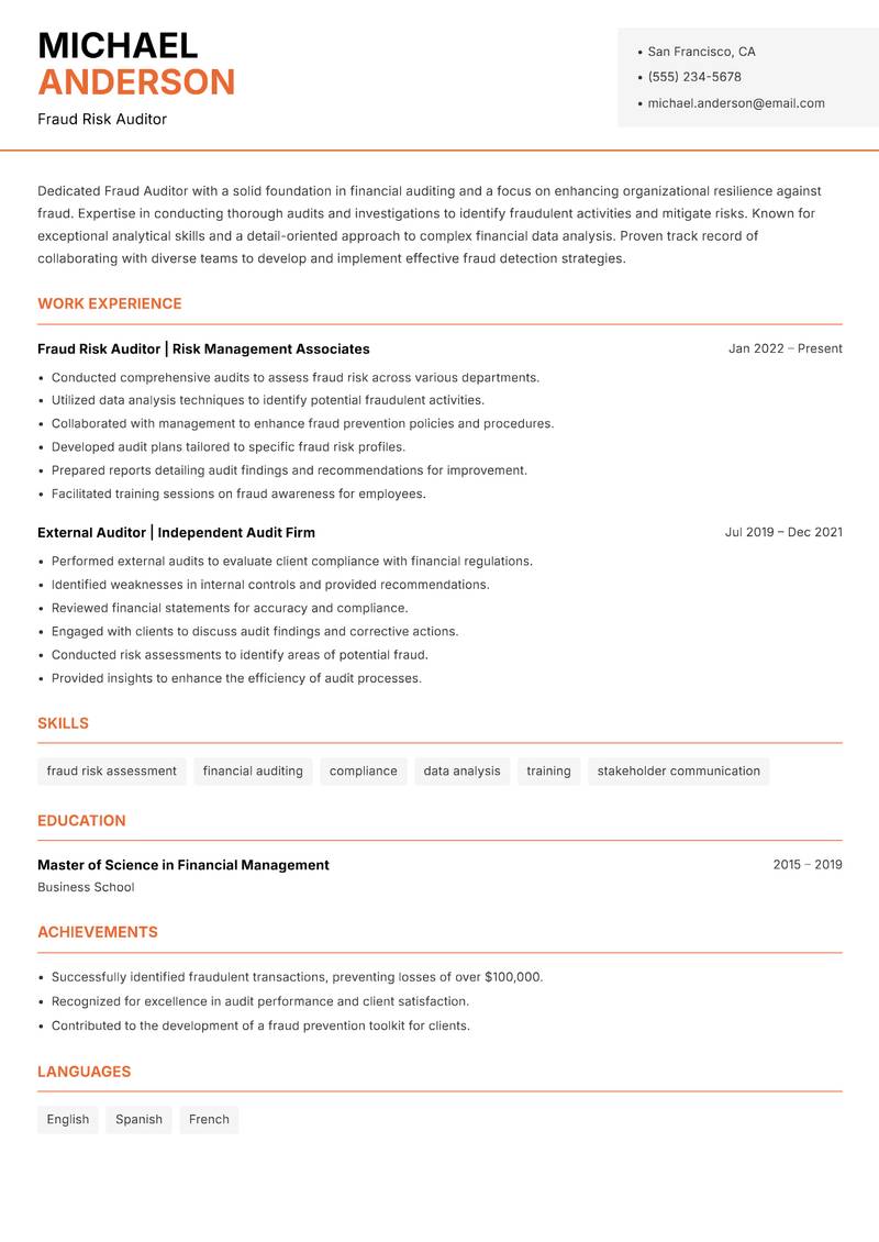 Fraud Auditor resume sample — Fraud Risk Auditor focus