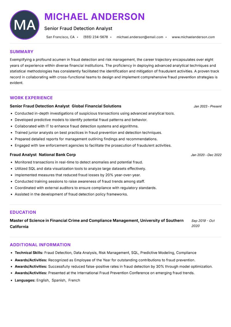 Fraud Detection Analyst resume example