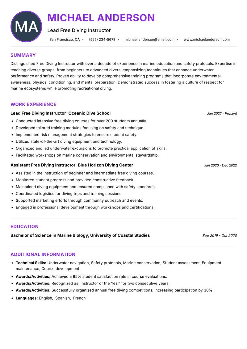 Free Diving Instructor resume example