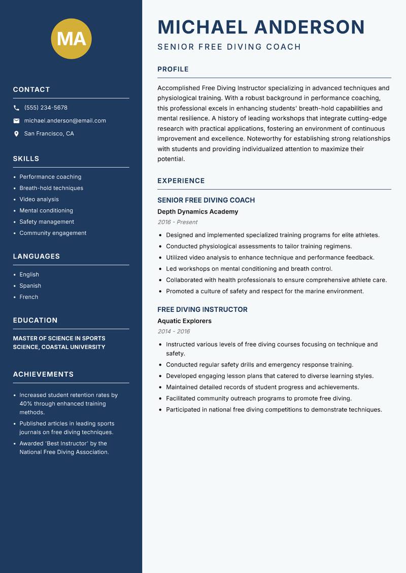 Free Diving Instructor resume sample — Senior Free Diving Coach focus
