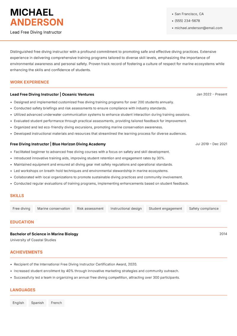 Free Diving Instructor resume sample — Lead Free Diving Instructor focus