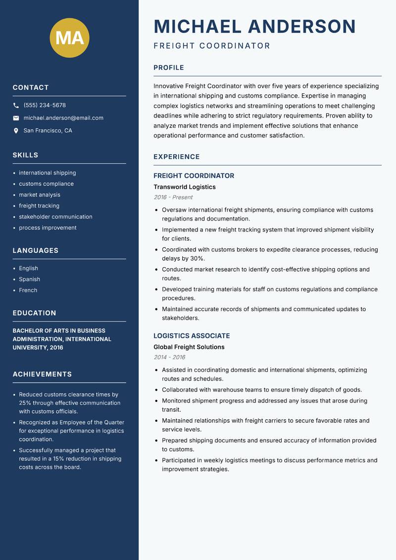 Freight Coordinator resume sample — Freight Coordinator focus