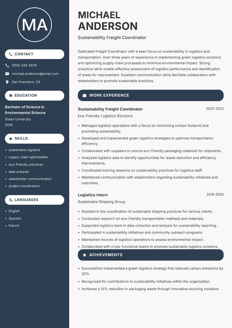 Freight Coordinator resume sample — Sustainability Freight Coordinator focus