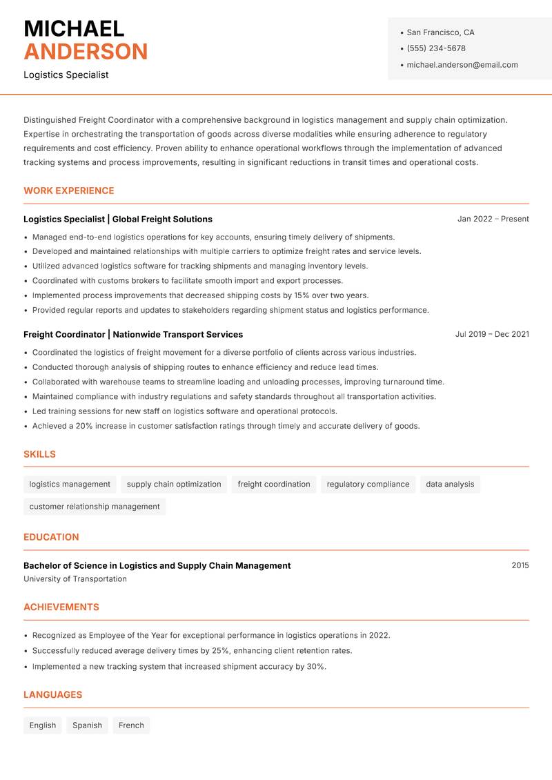 Freight Coordinator resume sample — Logistics Specialist focus
