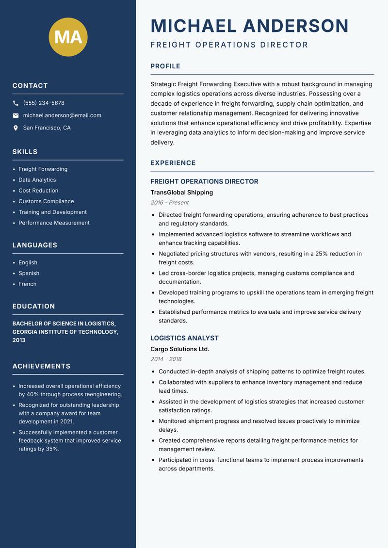 Freight Forwarding Executive resume sample — Freight Operations Director focus