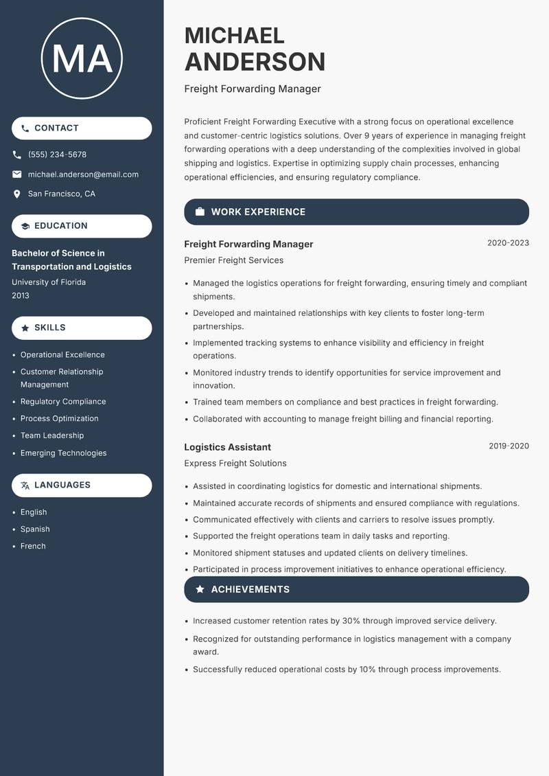 Freight Forwarding Executive resume sample — Freight Forwarding Manager focus