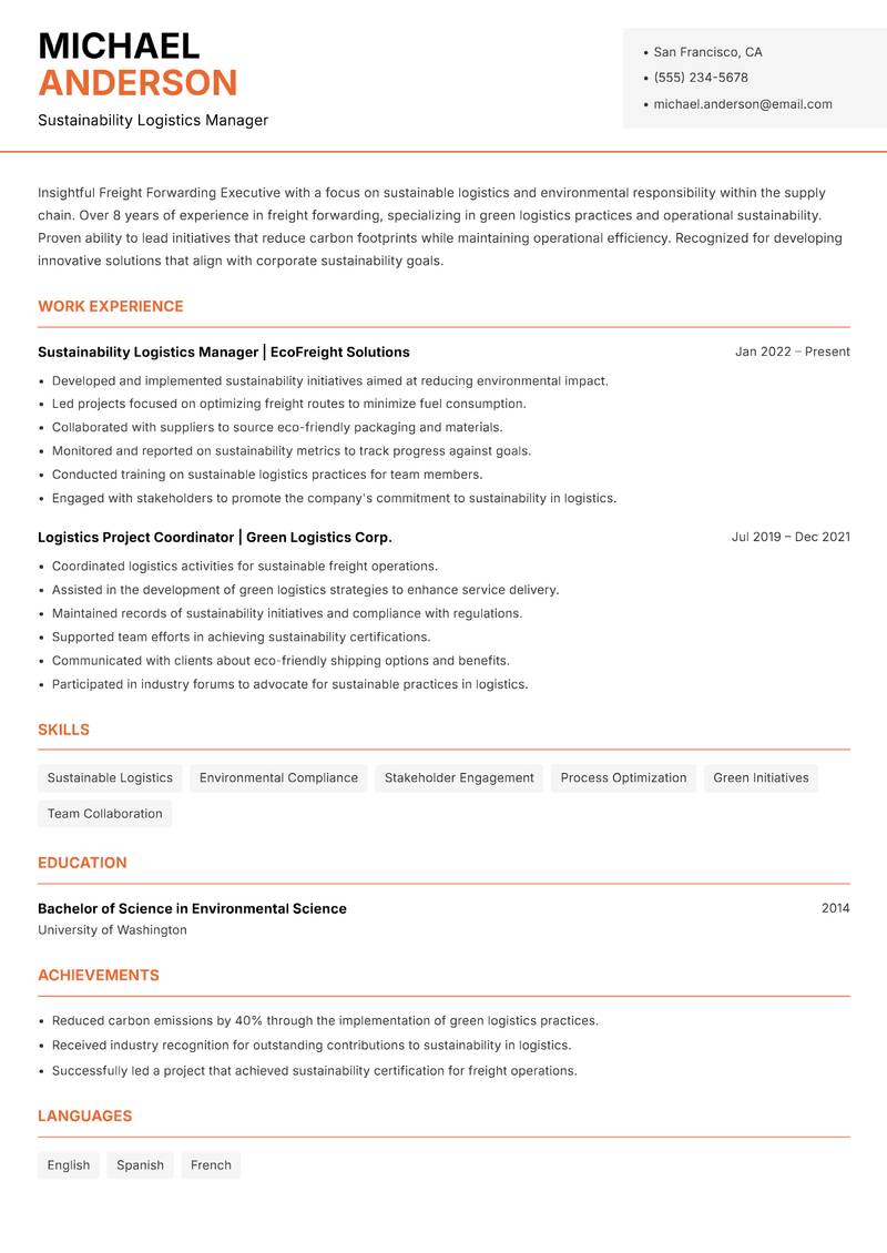 Freight Forwarding Executive resume sample — Sustainability Logistics Manager focus