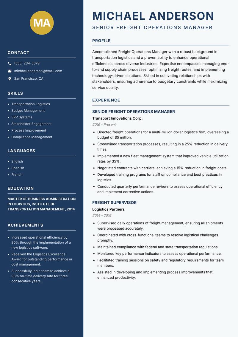 Freight Operations Manager resume sample — Senior Freight Operations Manager focus