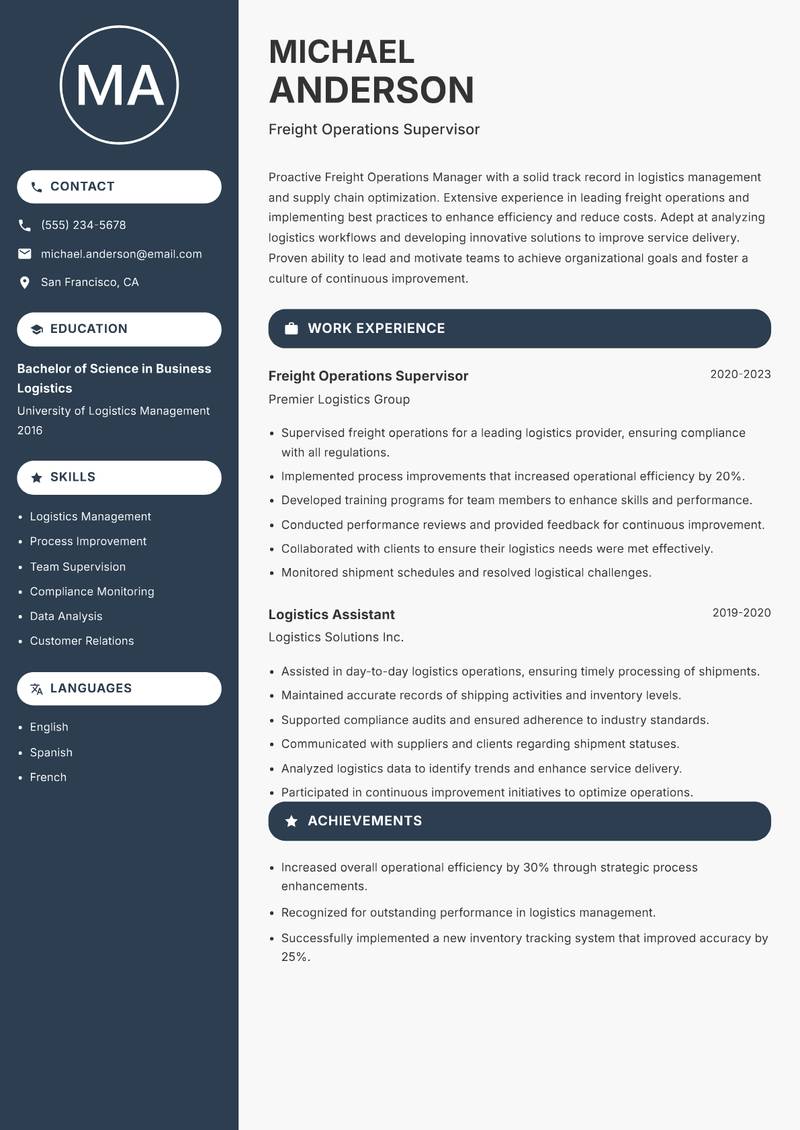 Freight Operations Manager resume sample — Freight Operations Supervisor focus