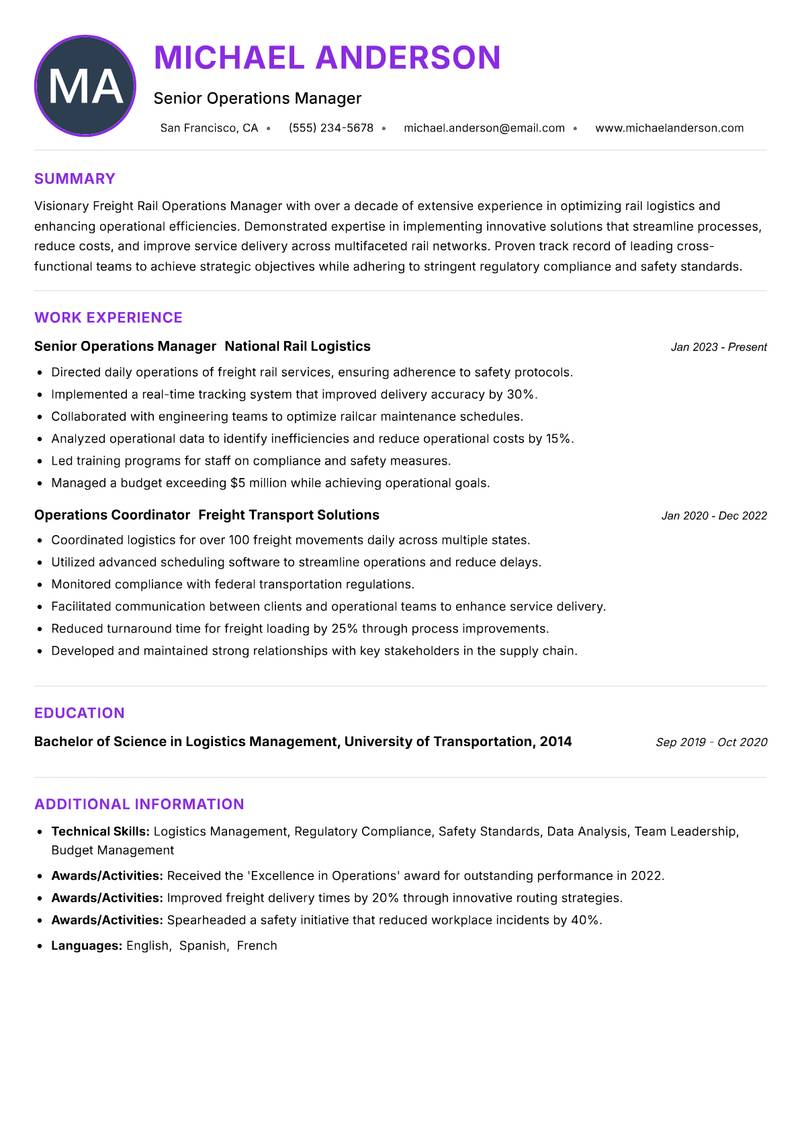 Freight Rail Operations Manager resume example