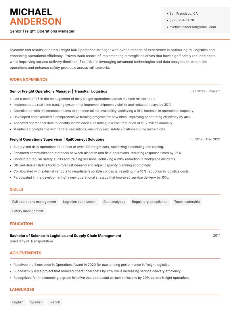 Freight Rail Operations Manager resume sample — Senior Freight Operations Manager focus