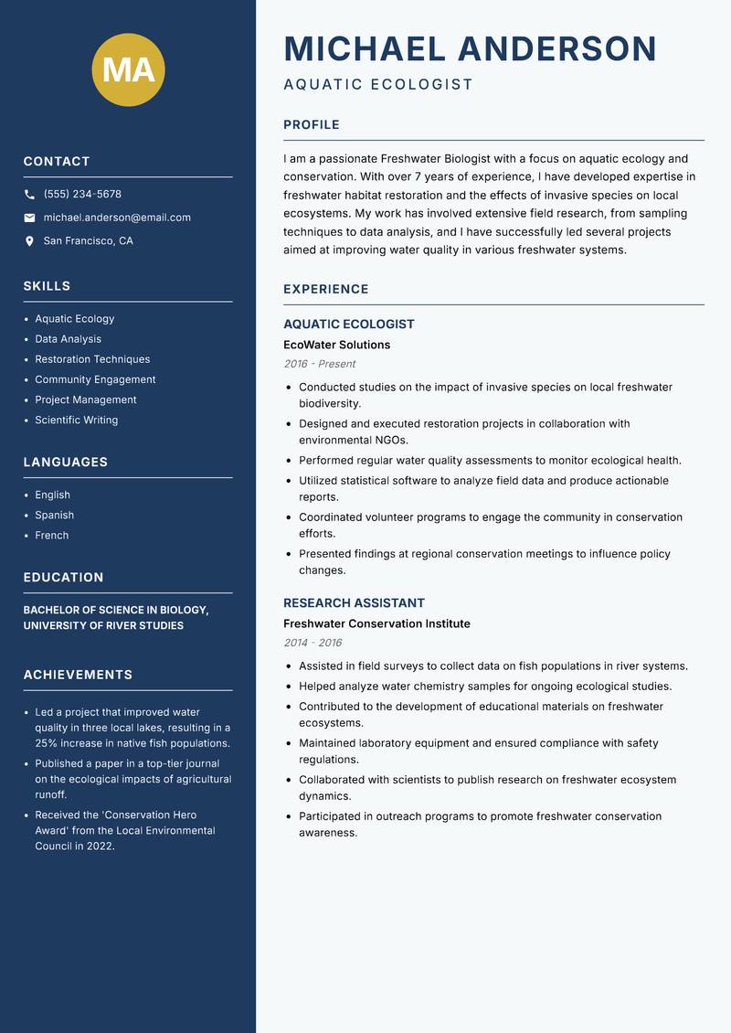 Freshwater Biologist resume sample — Aquatic Ecologist focus