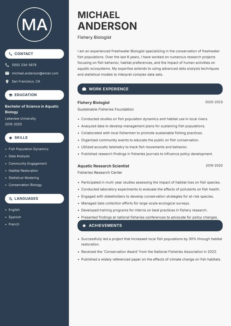 Freshwater Biologist resume sample — Fishery Biologist focus
