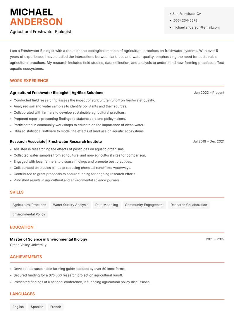 Freshwater Biologist resume sample — Agricultural Freshwater Biologist focus
