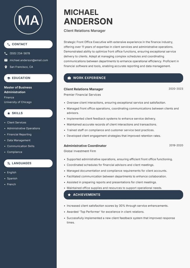 Front Office Executive resume sample — Client Relations Manager focus