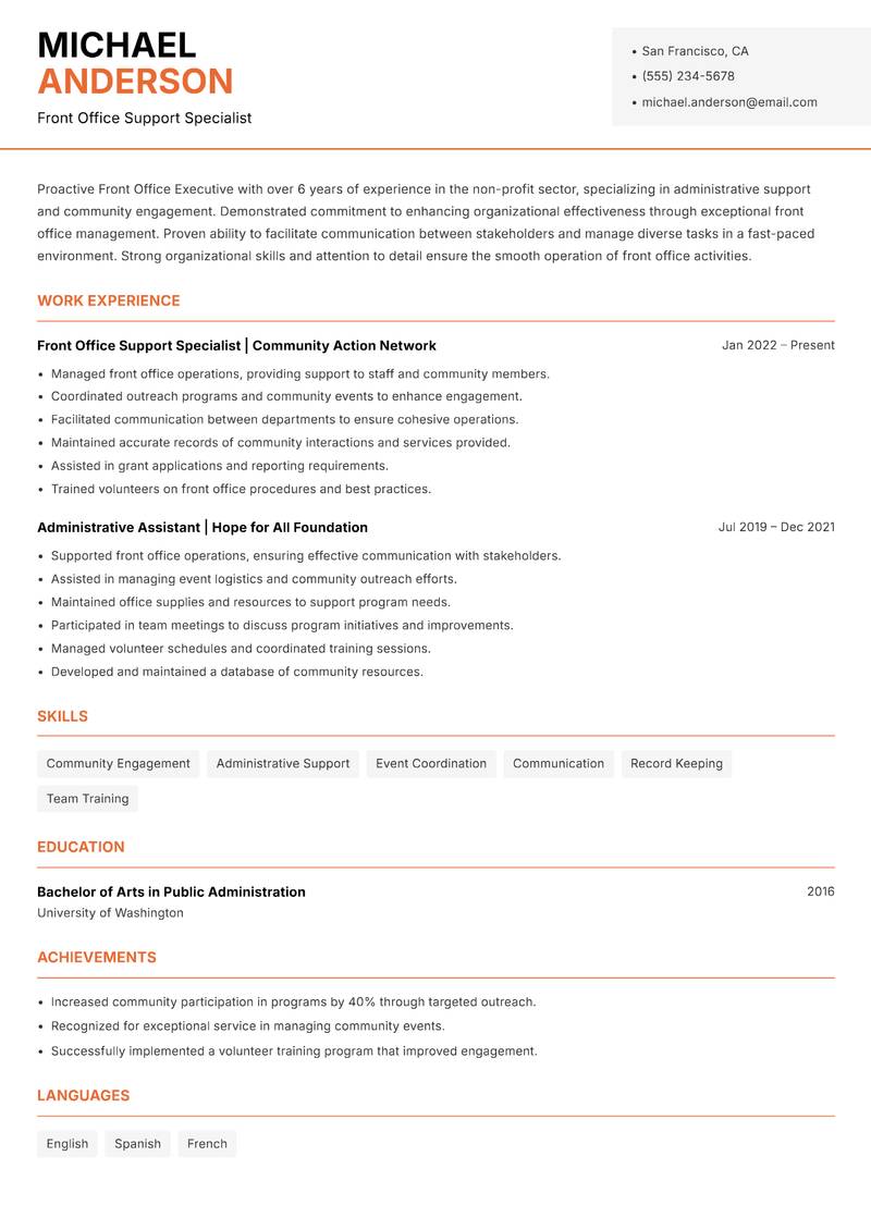 Front Office Executive resume sample — Front Office Support Specialist focus
