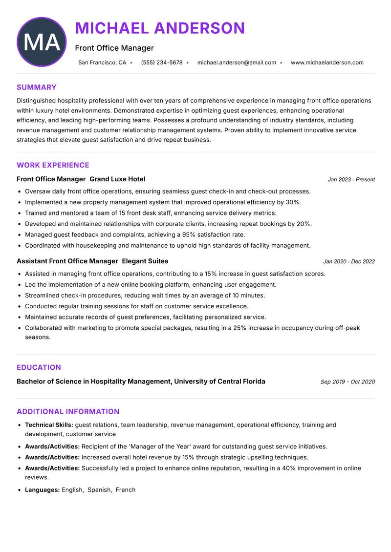 Front Office Manager resume example