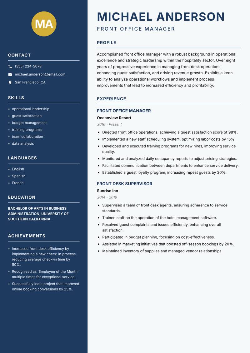 Front Office Manager resume sample — Front Office Manager focus