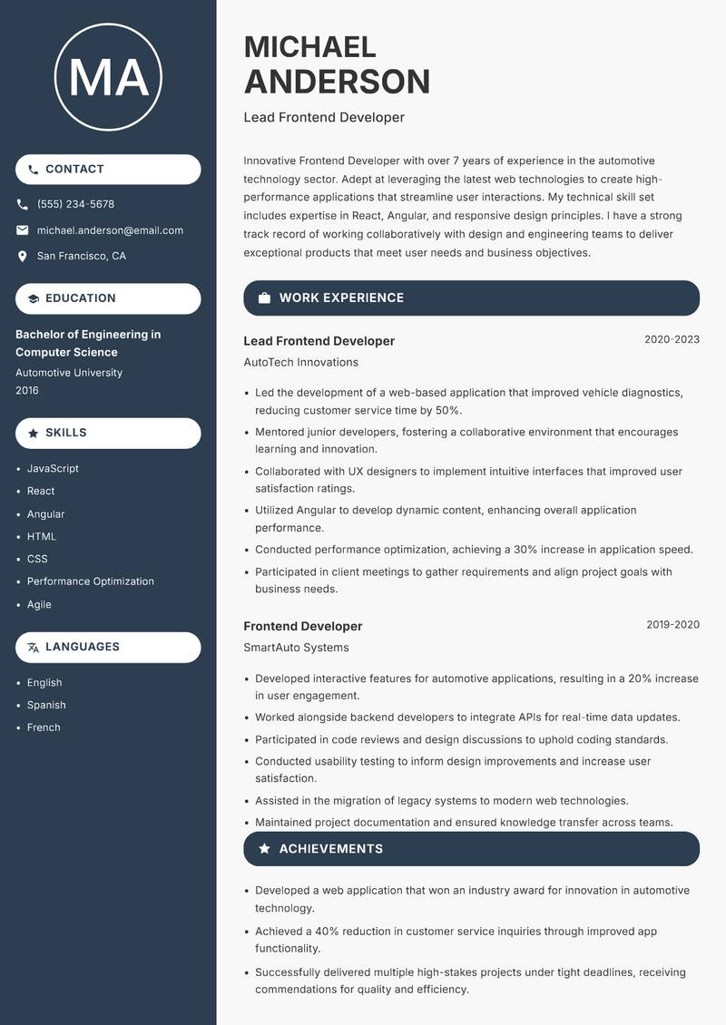 Frontend Developer resume sample — Lead Frontend Developer focus