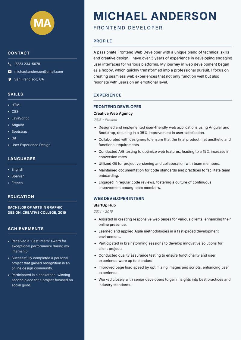 Frontend Web Developer resume sample — Frontend Developer focus